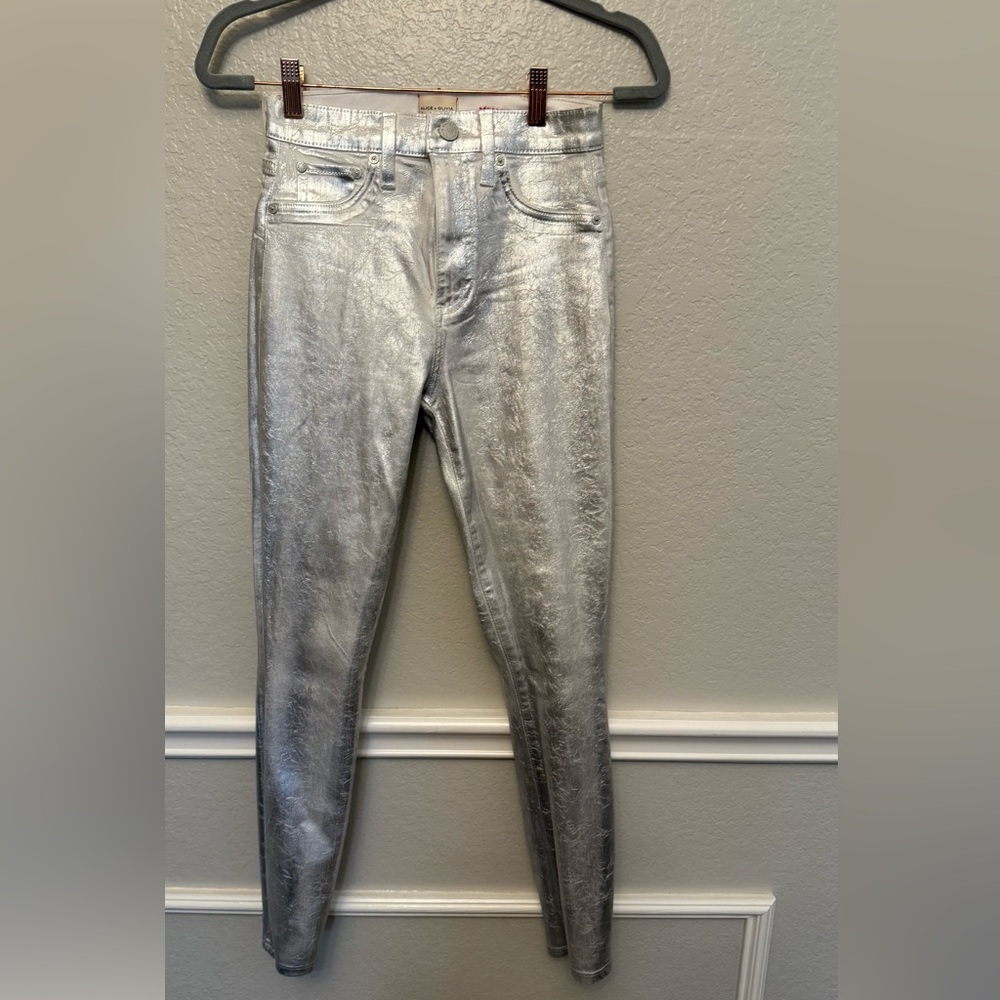 Alice + Olivia Silver Skinny Jeans Metallic Finish